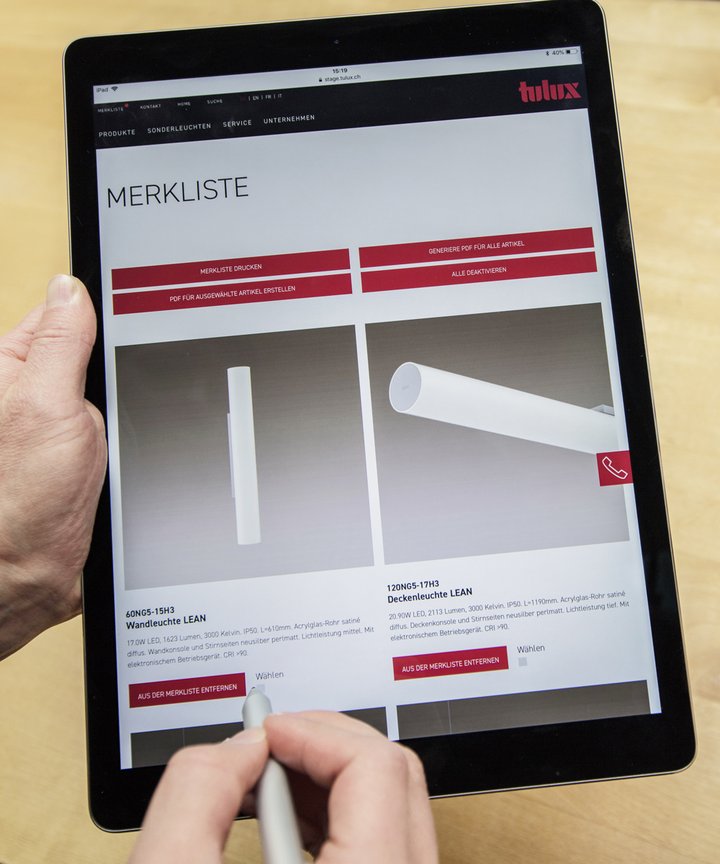 [Translate to Italiano:] Auf der Tulux-Website können Sie jedes Produkt mit einem einfachen Klick in Ihre persönliche Merkliste aufnehmen.