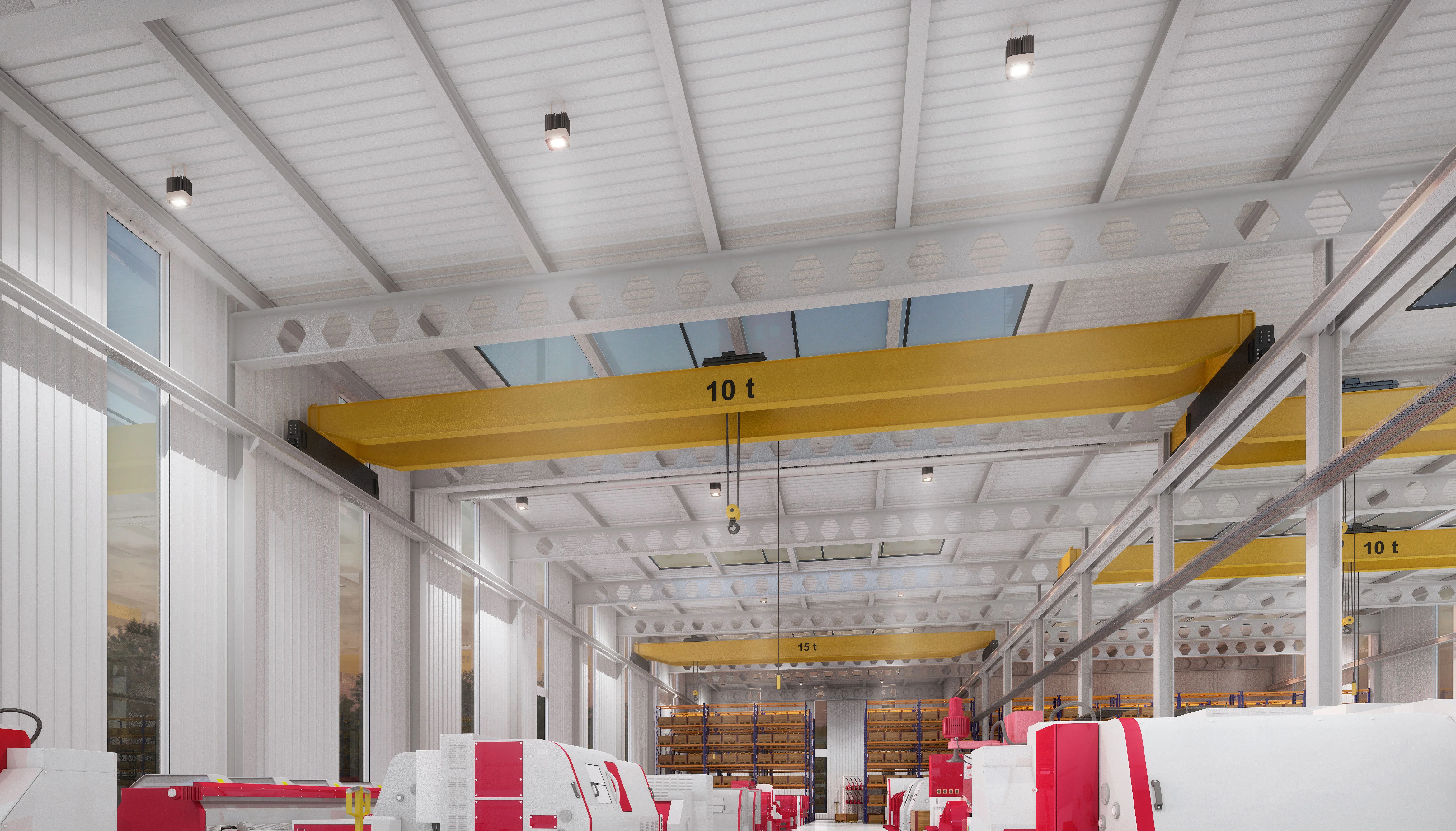 Moderne Industriebeleuchtung in einer Produktionshalle mit Tulux Hallenstrahler BEAM