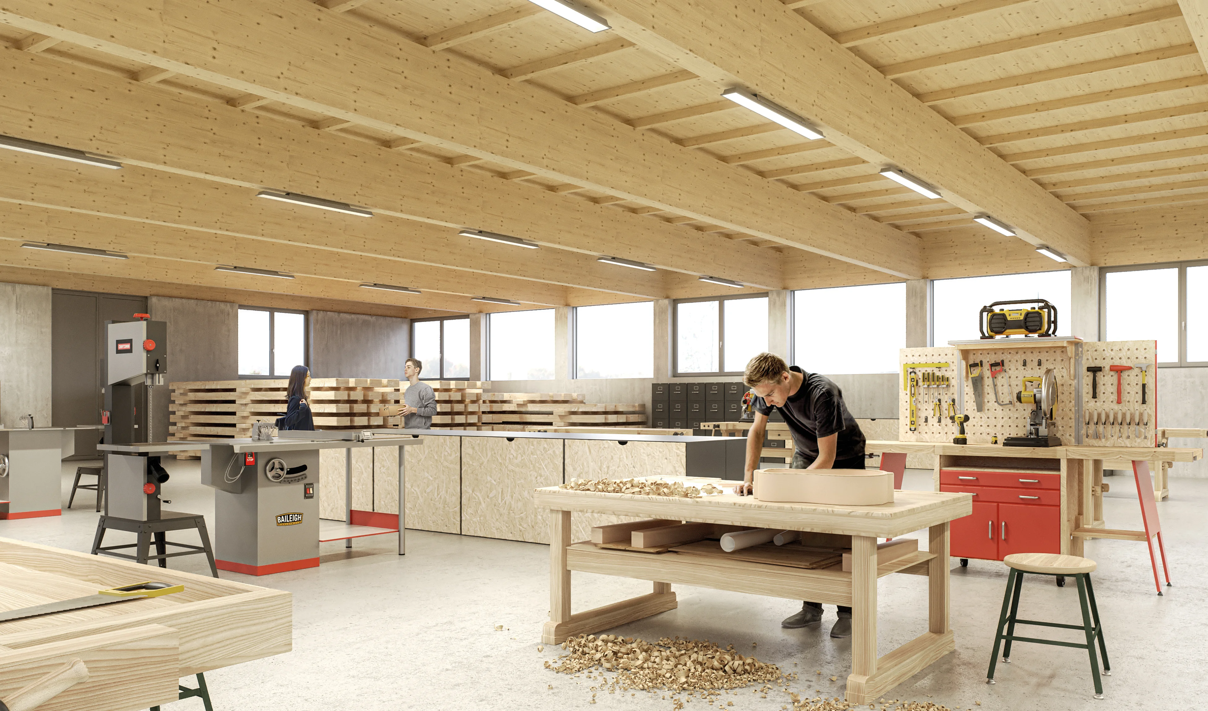 Moderne Industriebeleuchtung in einer Produktionshalle mit Tulux Leuchten.